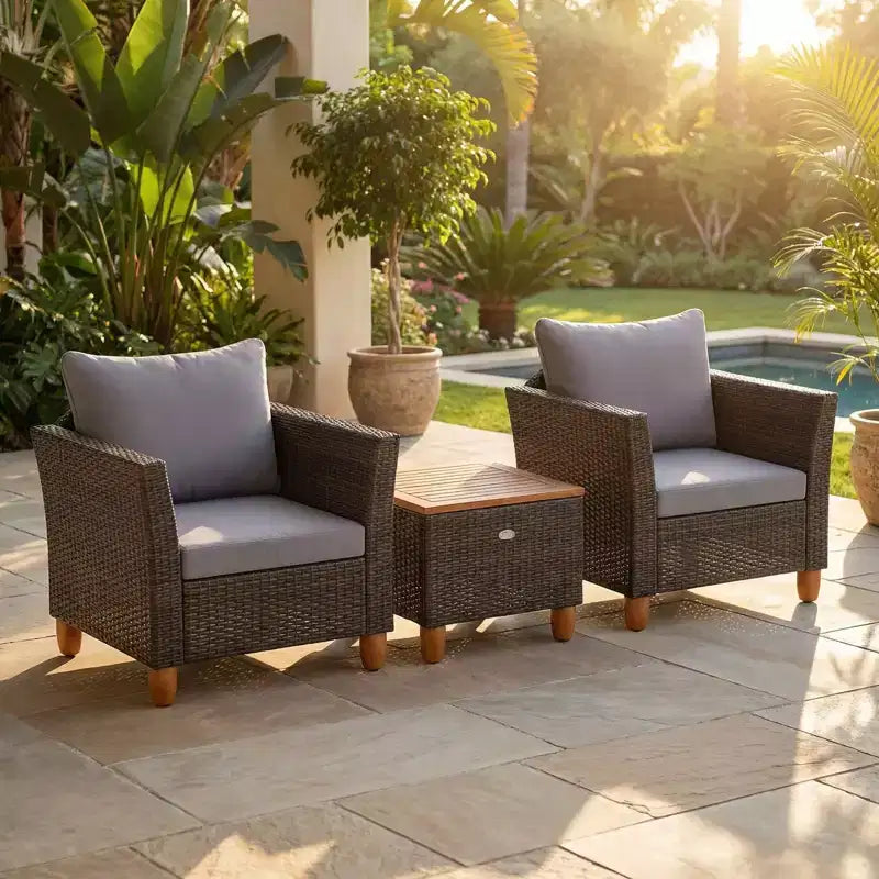 Gymax 3 PC Outdoor Patio Rattan Bistro Set w/ Cushioned Sofas and Durable Wooden Tabletop for Balcony Garden Patio Gray/Black