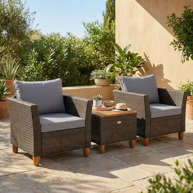 Gymax 3 PC Outdoor Patio Rattan Bistro Set w/ Cushioned Sofas and Durable Wooden Tabletop for Balcony Garden Patio Gray/Black