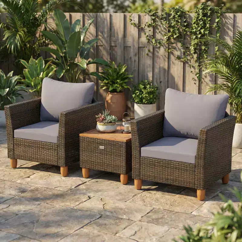 Gymax 3 PC Outdoor Patio Rattan Bistro Set w/ Cushioned Sofas and Durable Wooden Tabletop for Balcony Garden Patio Gray/Black