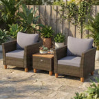 Gymax 3 PC Outdoor Patio Rattan Bistro Set w/ Cushioned Sofas and Durable Wooden Tabletop for Balcony Garden Patio Gray/Black