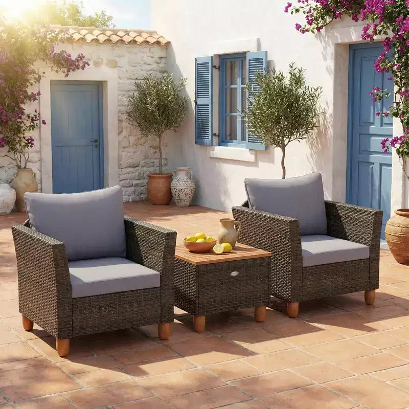 Gymax 3 PC Outdoor Patio Rattan Bistro Set w/ Cushioned Sofas and Durable Wooden Tabletop for Balcony Garden Patio Gray/Black