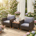 Gymax 3 PC Outdoor Patio Rattan Bistro Set w/ Cushioned Sofas and Durable Wooden Tabletop for Balcony Garden Patio Gray/Black
