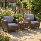 Gymax 3 PC Outdoor Patio Rattan Bistro Set w/ Cushioned Sofas and Durable Wooden Tabletop for Balcony Garden Patio Gray/Black