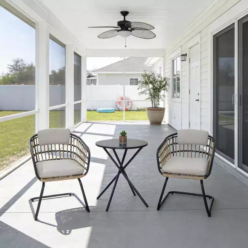 GDFStudio Marvello 3 Piece Outdoor Wicker and Iron Bistro Set with Cushions