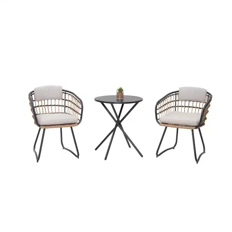 GDFStudio Marvello 3 Piece Outdoor Wicker and Iron Bistro Set with Cushions