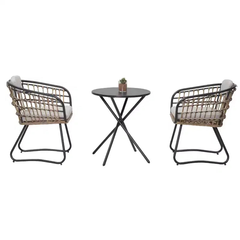 GDFStudio Marvello 3 Piece Outdoor Wicker and Iron Bistro Set with Cushions