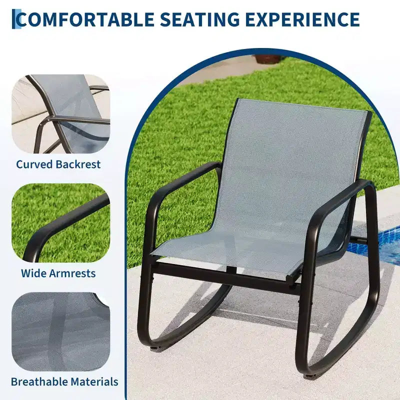 Garvee 3 Piece Outdoor Rocking Bistro Set, Textilene Fabric Small Patio Furniture Set with Iron Armrests and Coffee Table for Lawn, Porch