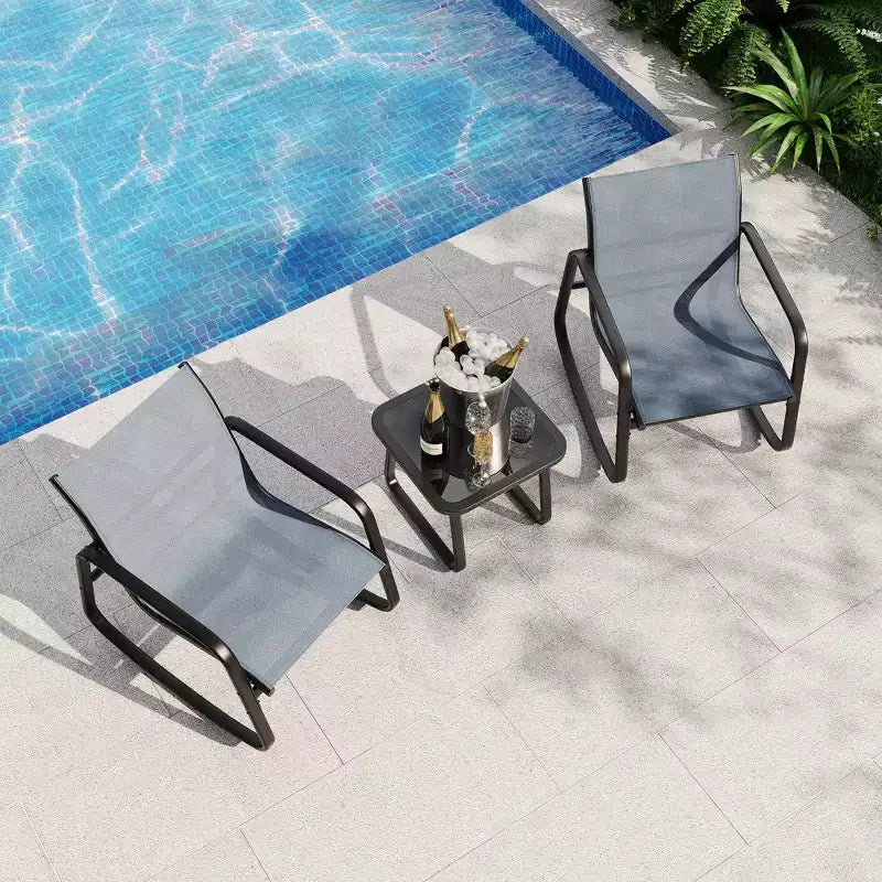 Garvee 3 Piece Outdoor Rocking Bistro Set, Textilene Fabric Small Patio Furniture Set with Iron Armrests and Coffee Table for Lawn, Porch