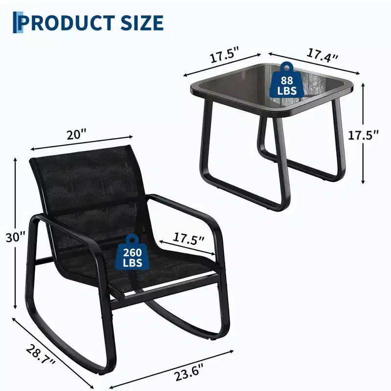 Garvee 3 Piece Outdoor Rocking Bistro Set, Textilene Fabric Small Patio Furniture Set with Iron Armrests and Coffee Table for Lawn, Porch