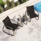 Garvee 3 Piece Outdoor Rocking Bistro Set, Textilene Fabric Small Patio Furniture Set with Iron Armrests and Coffee Table for Lawn, Porch