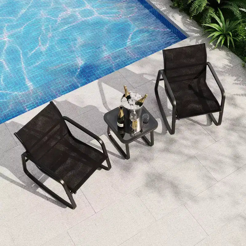 Garvee 3 Piece Outdoor Rocking Bistro Set, Textilene Fabric Small Patio Furniture Set with Iron Armrests and Coffee Table for Lawn, Porch