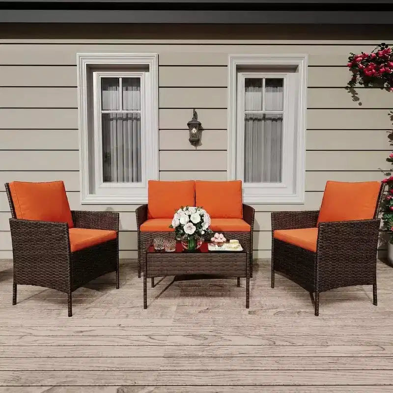 4 Piece Wicker Patio Bar Set - Outdoor Conversation Furniture with Loveseat, 2 Cushioned Chairs, Glass Coffee Table - All-Weather Rattan