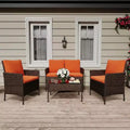 4 Piece Wicker Patio Bar Set - Outdoor Conversation Furniture with Loveseat, 2 Cushioned Chairs, Glass Coffee Table - All-Weather Rattan