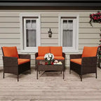 4 Piece Wicker Patio Bar Set - Outdoor Conversation Furniture with Loveseat, 2 Cushioned Chairs, Glass Coffee Table - All-Weather Rattan