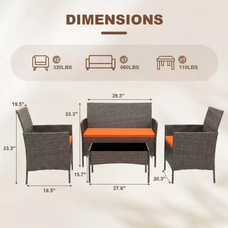 4 Piece Wicker Patio Bar Set - Outdoor Conversation Furniture with Loveseat, 2 Cushioned Chairs, Glass Coffee Table - All-Weather Rattan