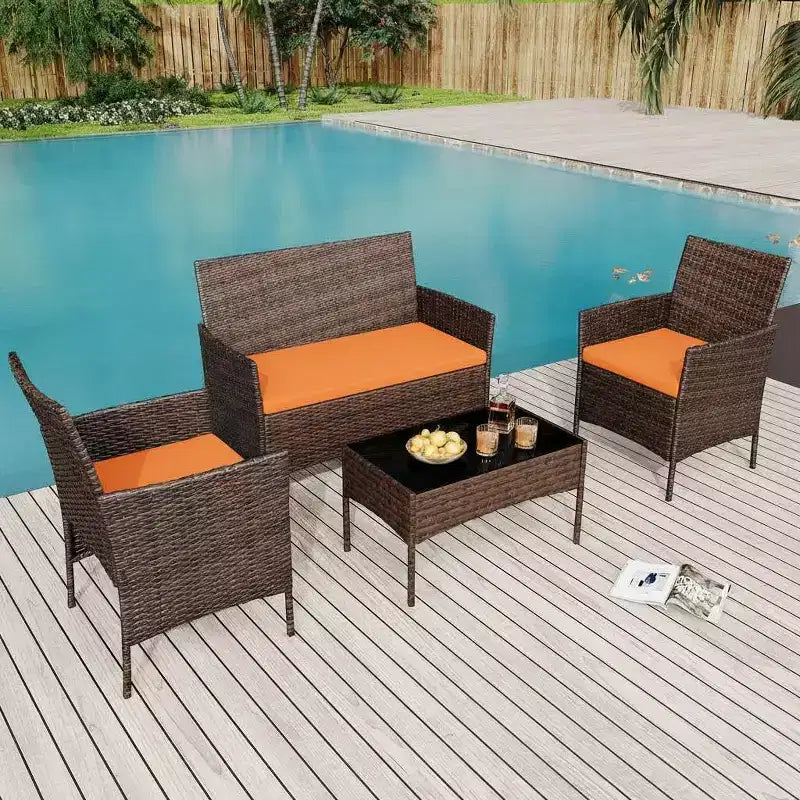 4 Piece Wicker Patio Bar Set - Outdoor Conversation Furniture with Loveseat, 2 Cushioned Chairs, Glass Coffee Table - All-Weather Rattan