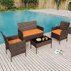 4 Piece Wicker Patio Bar Set - Outdoor Conversation Furniture with Loveseat, 2 Cushioned Chairs, Glass Coffee Table - All-Weather Rattan