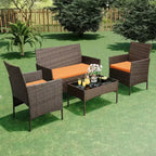4 Piece Wicker Patio Bar Set - Outdoor Conversation Furniture with Loveseat, 2 Cushioned Chairs, Glass Coffee Table - All-Weather Rattan