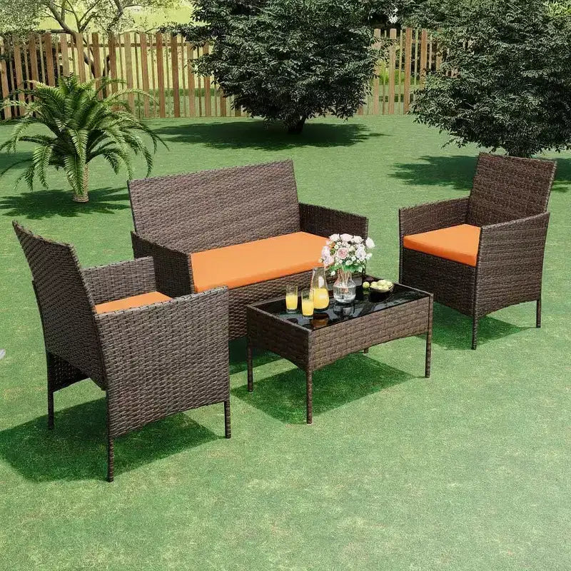4 Piece Wicker Patio Bar Set - Outdoor Conversation Furniture with Loveseat, 2 Cushioned Chairs, Glass Coffee Table - All-Weather Rattan