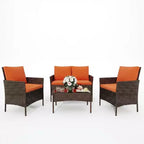 4 Piece Wicker Patio Bar Set - Outdoor Conversation Furniture with Loveseat, 2 Cushioned Chairs, Glass Coffee Table - All-Weather Rattan