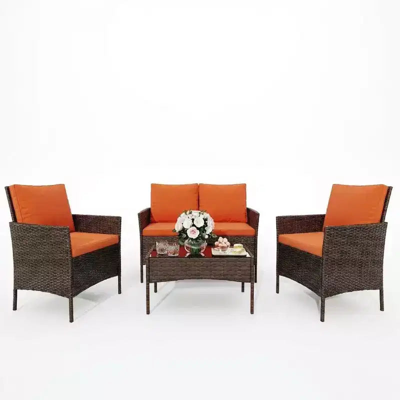 4 Piece Wicker Patio Bar Set - Outdoor Conversation Furniture with Loveseat, 2 Cushioned Chairs, Glass Coffee Table - All-Weather Rattan