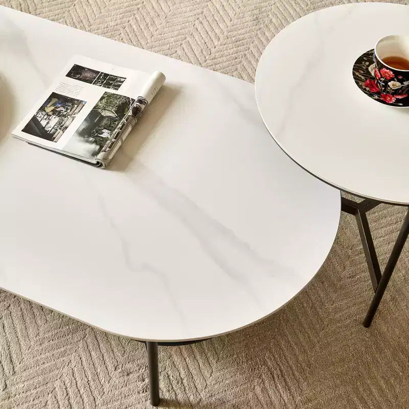JVNOXK White Ceramic Top Coffee Table with Coffee Brown Lower Shelf, 2-Tier MDF & Steel Frame Coffee Table for Living Room