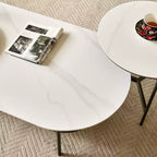 JVNOXK White Ceramic Top Coffee Table with Coffee Brown Lower Shelf, 2-Tier MDF & Steel Frame Coffee Table for Living Room