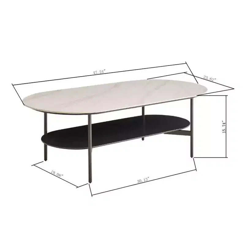 JVNOXK White Ceramic Top Coffee Table with Coffee Brown Lower Shelf, 2-Tier MDF & Steel Frame Coffee Table for Living Room