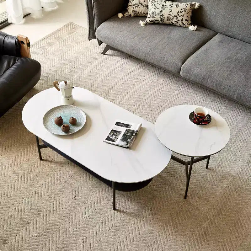 JVNOXK White Ceramic Top Coffee Table with Coffee Brown Lower Shelf, 2-Tier MDF & Steel Frame Coffee Table for Living Room
