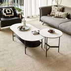 JVNOXK White Ceramic Top Coffee Table with Coffee Brown Lower Shelf, 2-Tier MDF & Steel Frame Coffee Table for Living Room