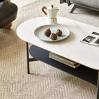 JVNOXK White Ceramic Top Coffee Table with Coffee Brown Lower Shelf, 2-Tier MDF & Steel Frame Coffee Table for Living Room