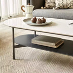 JVNOXK White Ceramic Top Coffee Table with Coffee Brown Lower Shelf, 2-Tier MDF & Steel Frame Coffee Table for Living Room