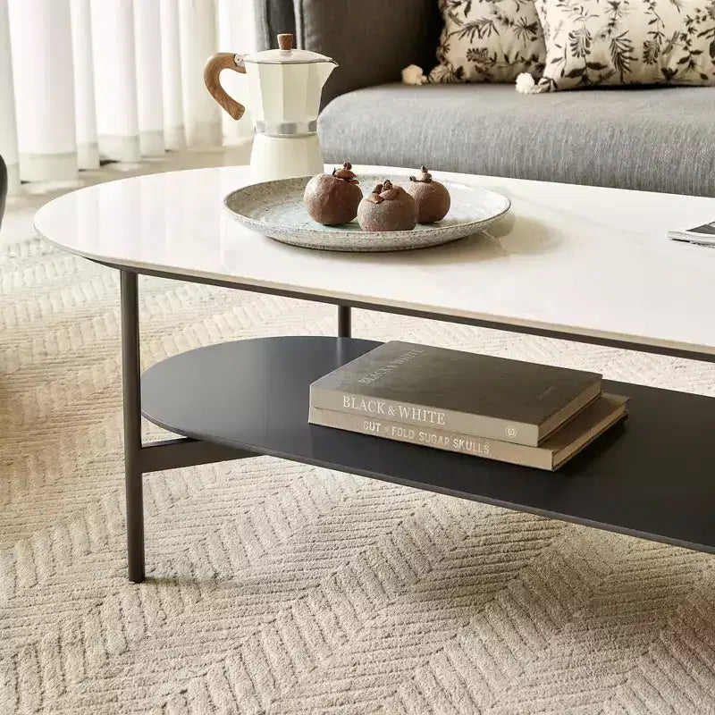 JVNOXK White Ceramic Top Coffee Table with Coffee Brown Lower Shelf, 2-Tier MDF & Steel Frame Coffee Table for Living Room