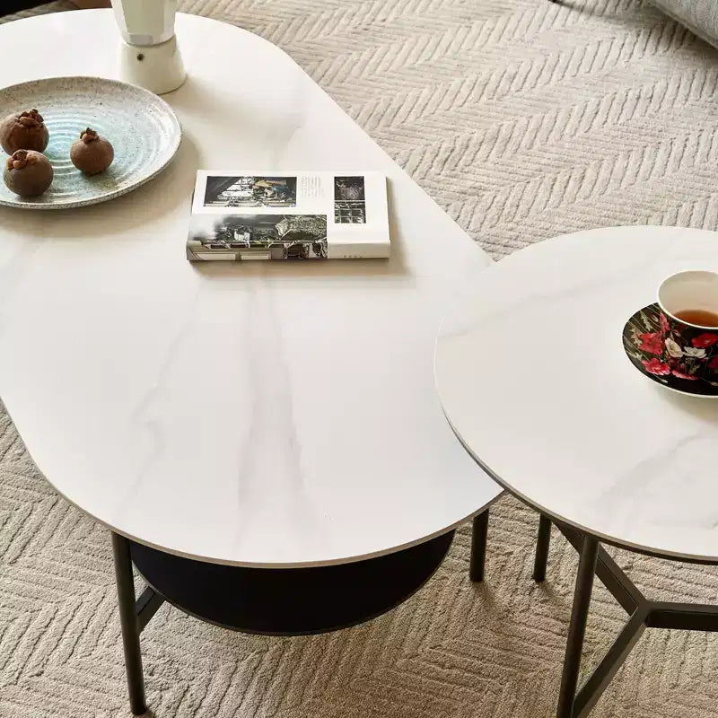JVNOXK White Ceramic Top Coffee Table with Coffee Brown Lower Shelf, 2-Tier MDF & Steel Frame Coffee Table for Living Room