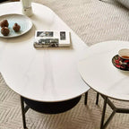 JVNOXK White Ceramic Top Coffee Table with Coffee Brown Lower Shelf, 2-Tier MDF & Steel Frame Coffee Table for Living Room