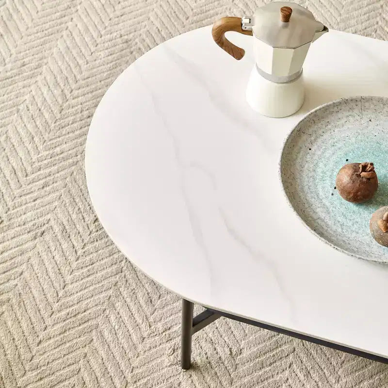 JVNOXK White Ceramic Top Coffee Table with Coffee Brown Lower Shelf, 2-Tier MDF & Steel Frame Coffee Table for Living Room