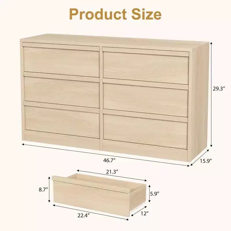 47in Wide Natural Oak 6 Drawer Dresser, Spacious Wooden Chest of Drawers with Large Storage Capacity, for Living Room, Entryway