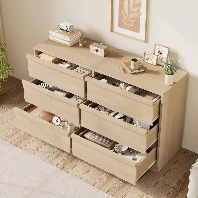 47in Wide Natural Oak 6 Drawer Dresser, Spacious Wooden Chest of Drawers with Large Storage Capacity, for Living Room, Entryway