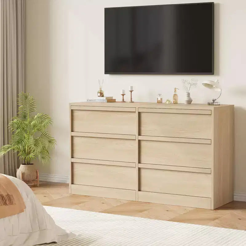 47in Wide Natural Oak 6 Drawer Dresser, Spacious Wooden Chest of Drawers with Large Storage Capacity, for Living Room, Entryway