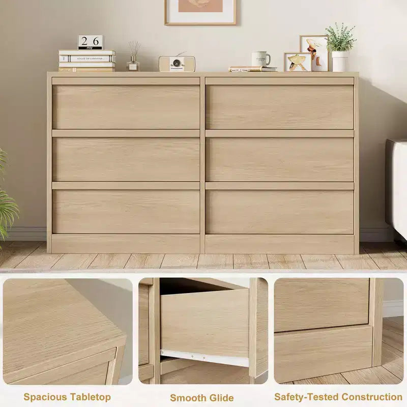 47in Wide Natural Oak 6 Drawer Dresser, Spacious Wooden Chest of Drawers with Large Storage Capacity, for Living Room, Entryway