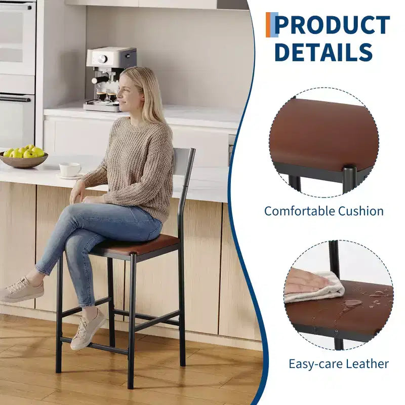 Modern PU Leather Bar Stools  24'' Counter Height, Curved Backrest & Footrest, Upholstered, 300 lb Capacity for Home Office
