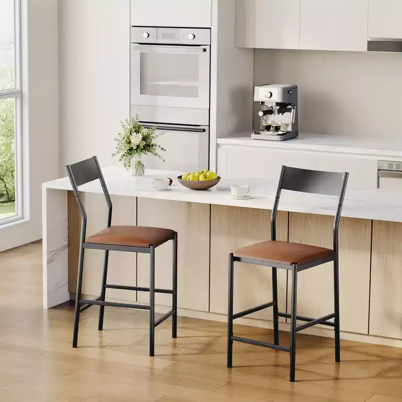 Modern PU Leather Bar Stools  24'' Counter Height, Curved Backrest & Footrest, Upholstered, 300 lb Capacity for Home Office