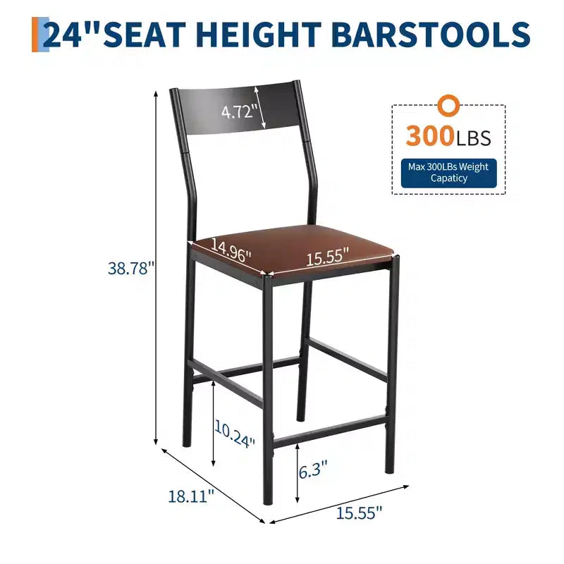 Modern PU Leather Bar Stools  24'' Counter Height, Curved Backrest & Footrest, Upholstered, 300 lb Capacity for Home Office
