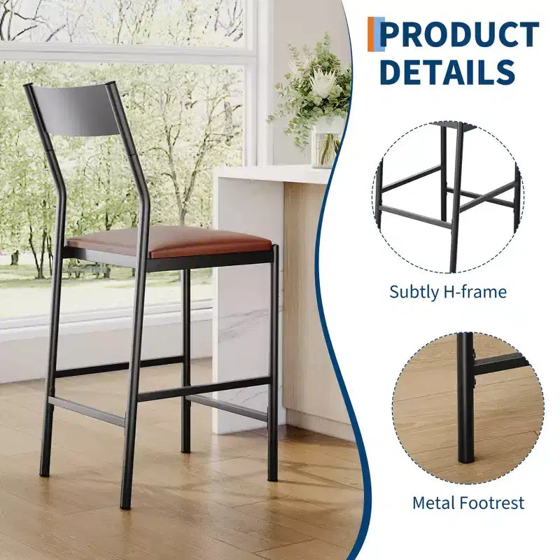 Modern PU Leather Bar Stools  24'' Counter Height, Curved Backrest & Footrest, Upholstered, 300 lb Capacity for Home Office