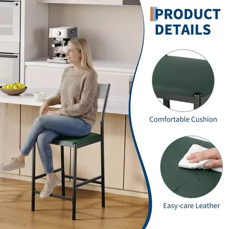 Modern PU Leather Bar Stools  24'' Counter Height, Curved Backrest & Footrest, Upholstered, 300 lb Capacity for Home Office