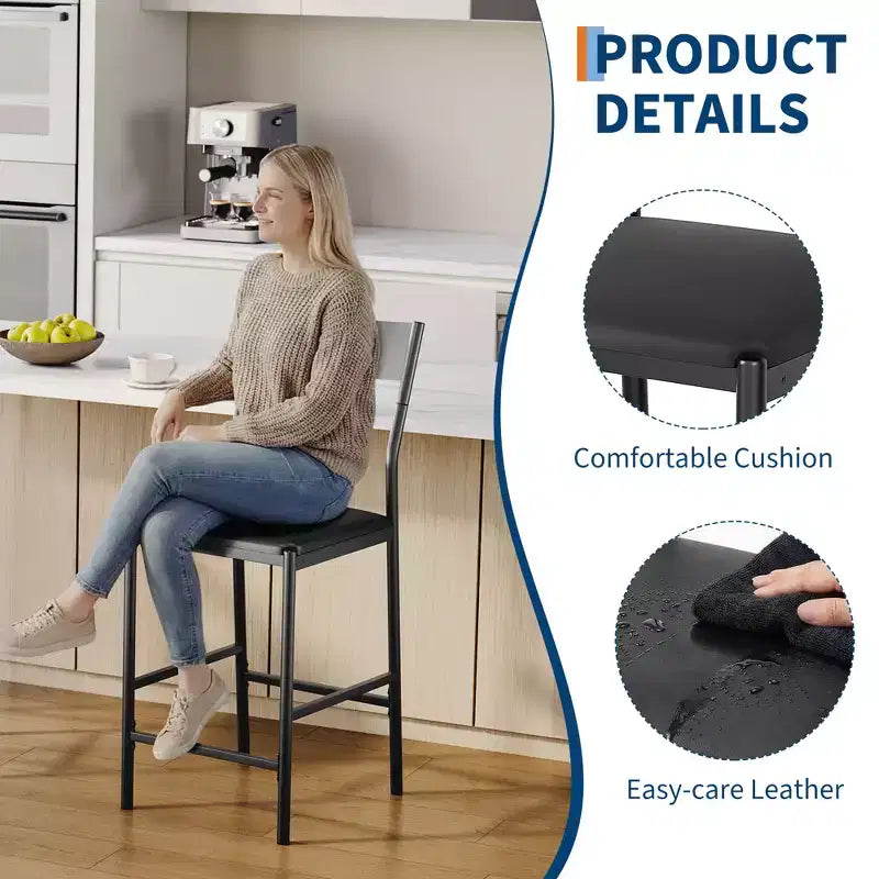 Modern PU Leather Bar Stools  24'' Counter Height, Curved Backrest & Footrest, Upholstered, 300 lb Capacity for Home Office