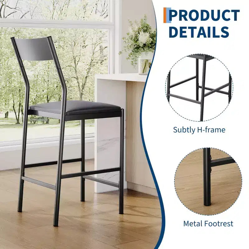 Modern PU Leather Bar Stools  24'' Counter Height, Curved Backrest & Footrest, Upholstered, 300 lb Capacity for Home Office