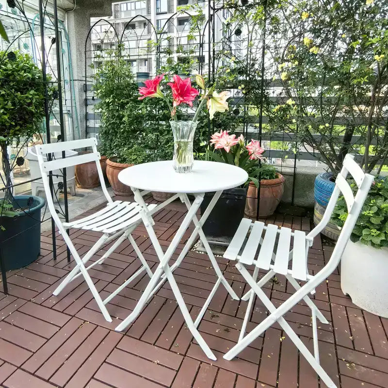 MAYEERTY 3 Piece White Foldable Patio Bistro Set, Round Table & Chairs