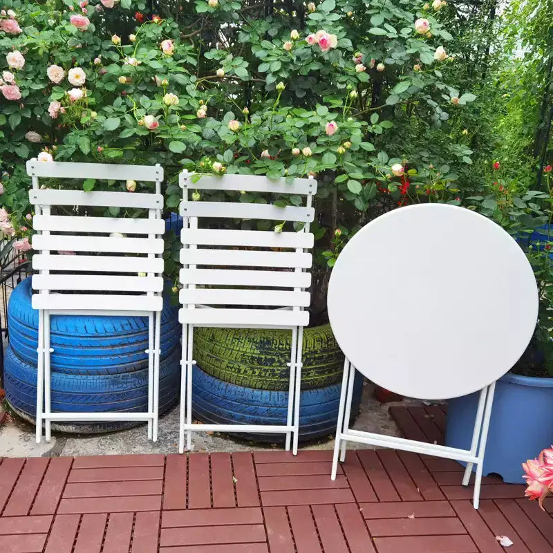 MAYEERTY 3 Piece White Foldable Patio Bistro Set, Round Table & Chairs
