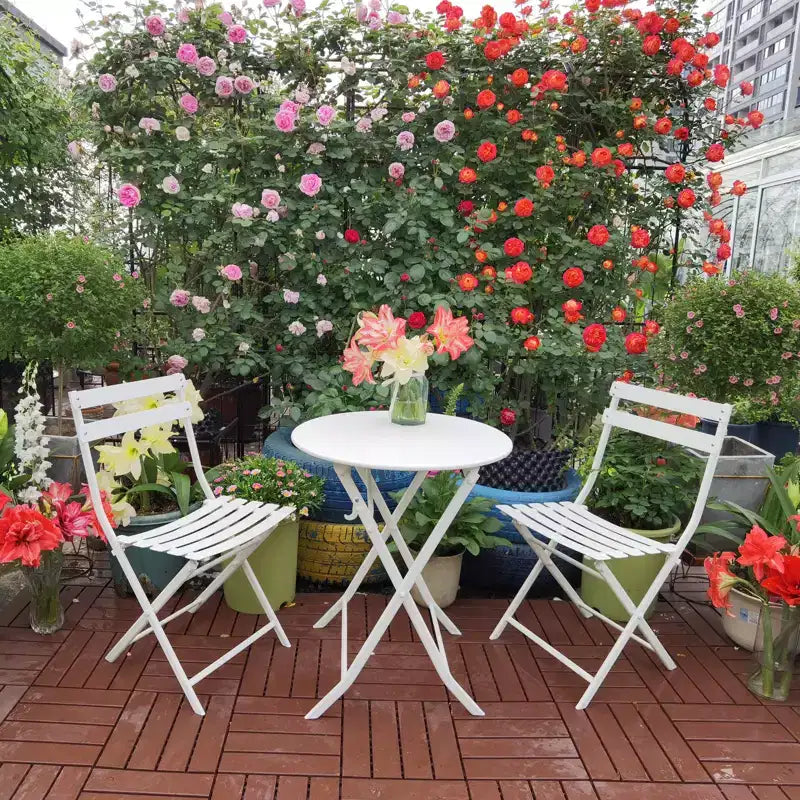 MAYEERTY 3 Piece White Foldable Patio Bistro Set, Round Table & Chairs